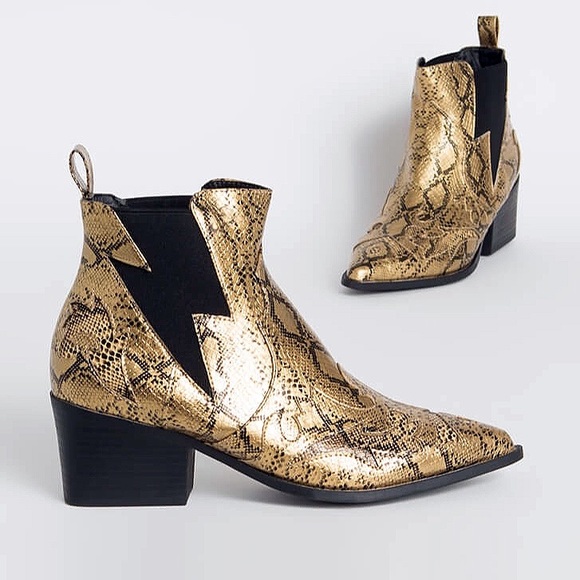 🆕GOLD BLACK CHUNKY HEEL POINTY SNAKESKIN BOOTIES! - Picture 9 of 9